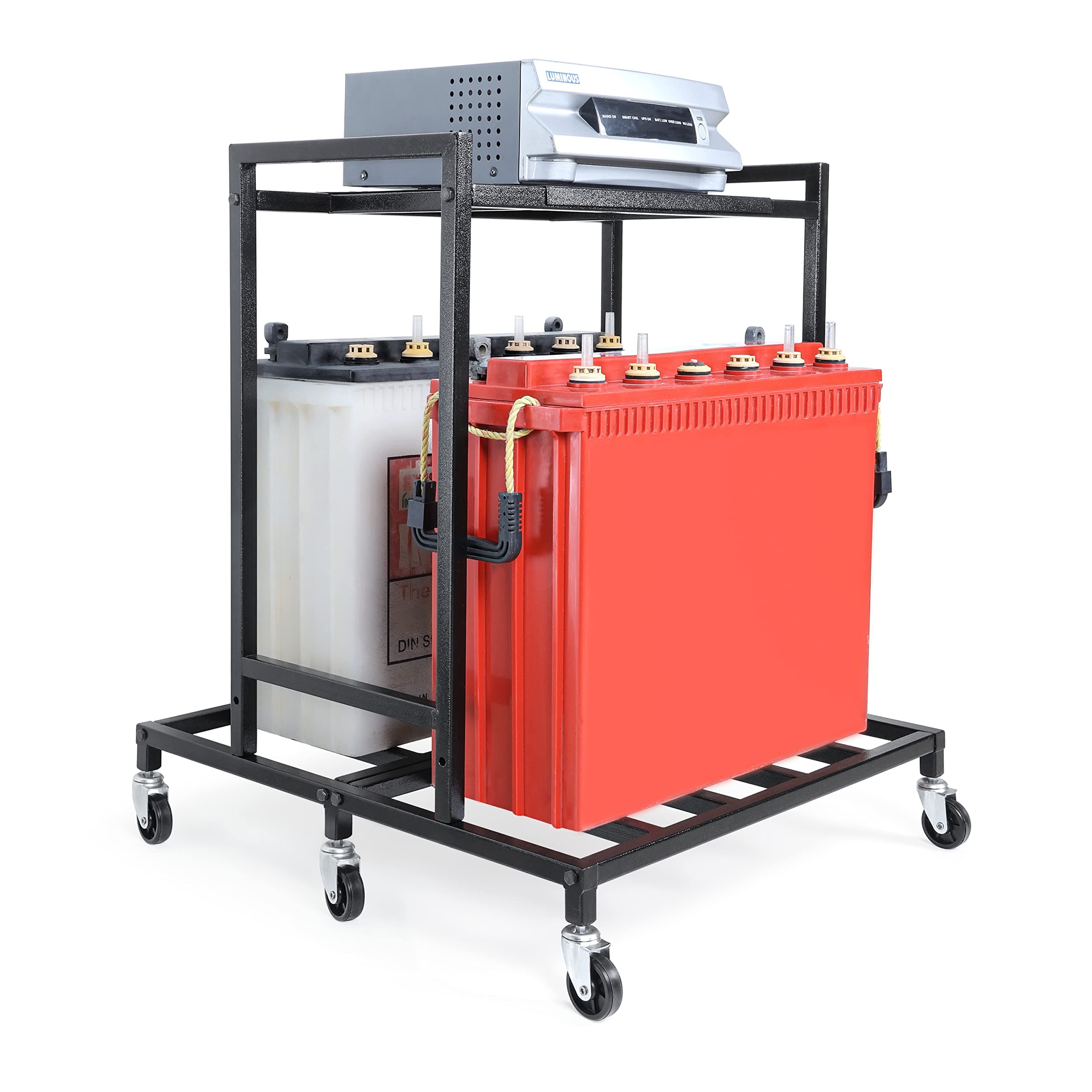 2-Tier Ups Stand for Double Battery & Inverter for Home & Office - Double Battery Metal Inverter Trolley with 6 Sturdy 360° Metal Caster Wheels - Double Battery Stand Inverter w/h Shelf - Hold 100Kg+