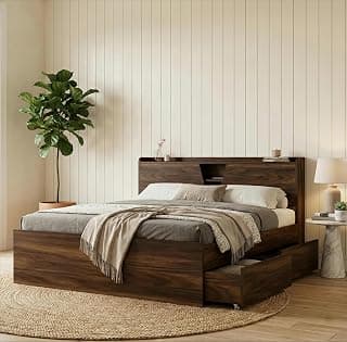 The M M Furniture Store Luminous Queen Size Bed with Headboard, Box Storage & Dual Side Drawer Storage – 60x78