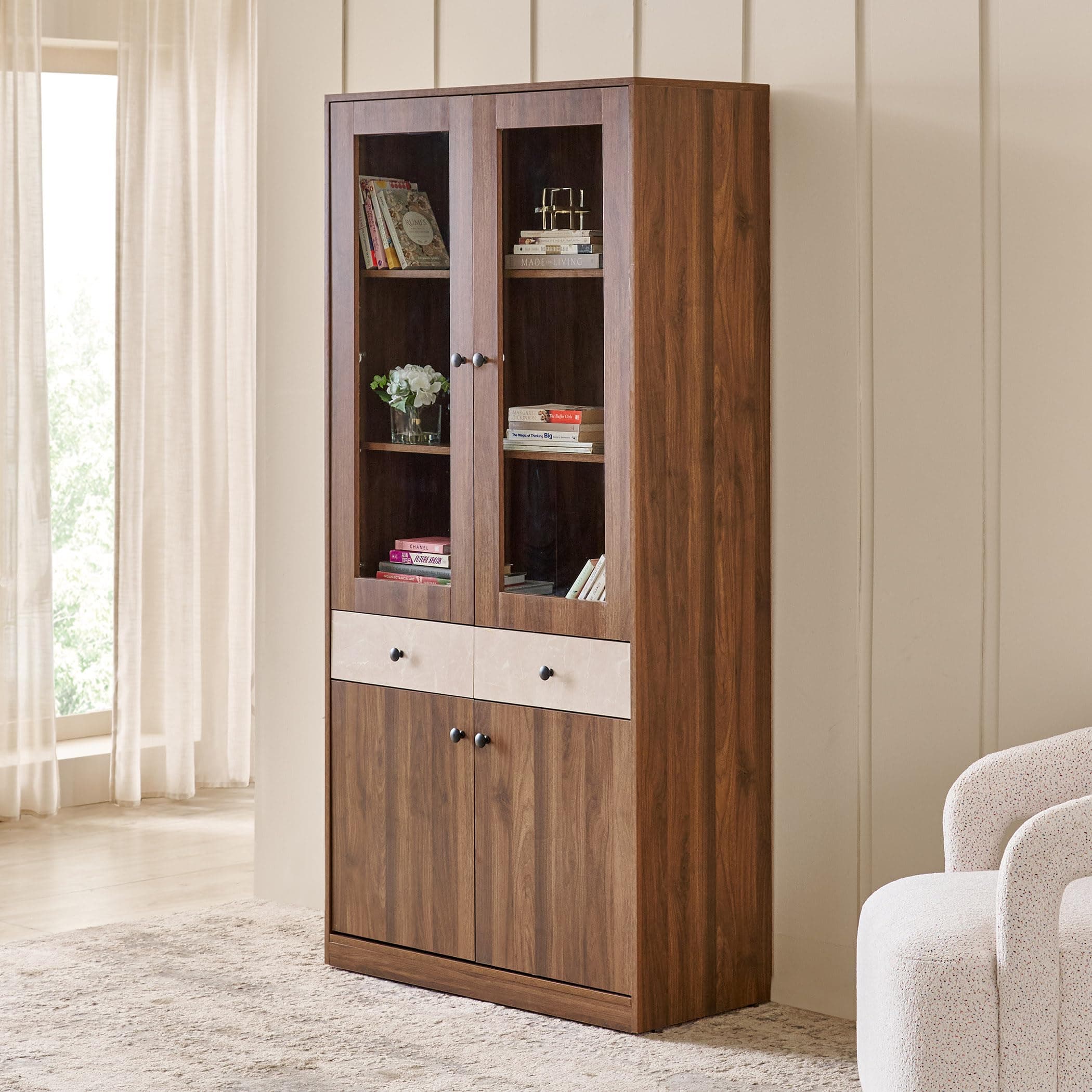 Home Centre | Addison 4-Door Book Cabinet with Drawers | Engineered Wood | Brown | 1 Year Warranty