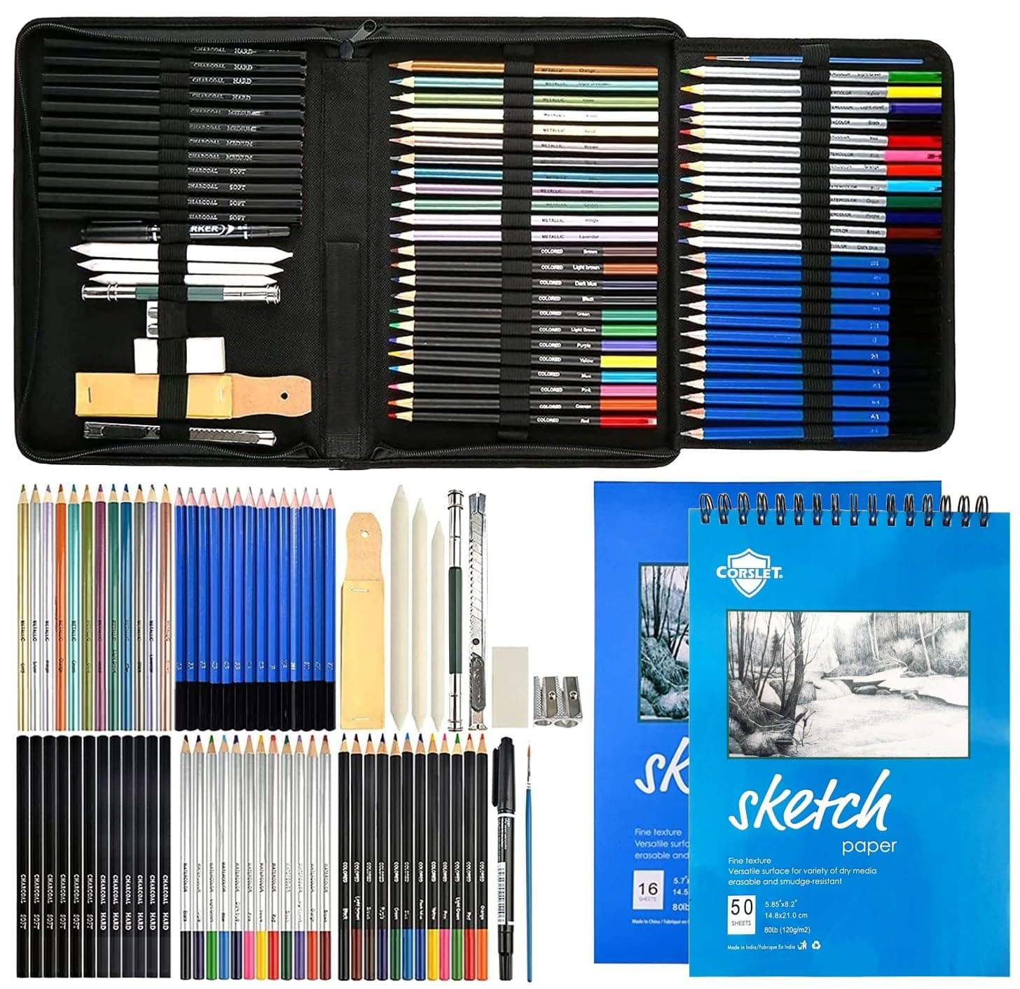 Corslet 74 Pc Drawing Pencils for Sketching Professional Art Supplies Sketch Pencil Set and 16 & 50 Sheets A5 Sketch Book Graphite Charcoal Watercolor Metallic Colour Pencils for Artist with Carry Bag