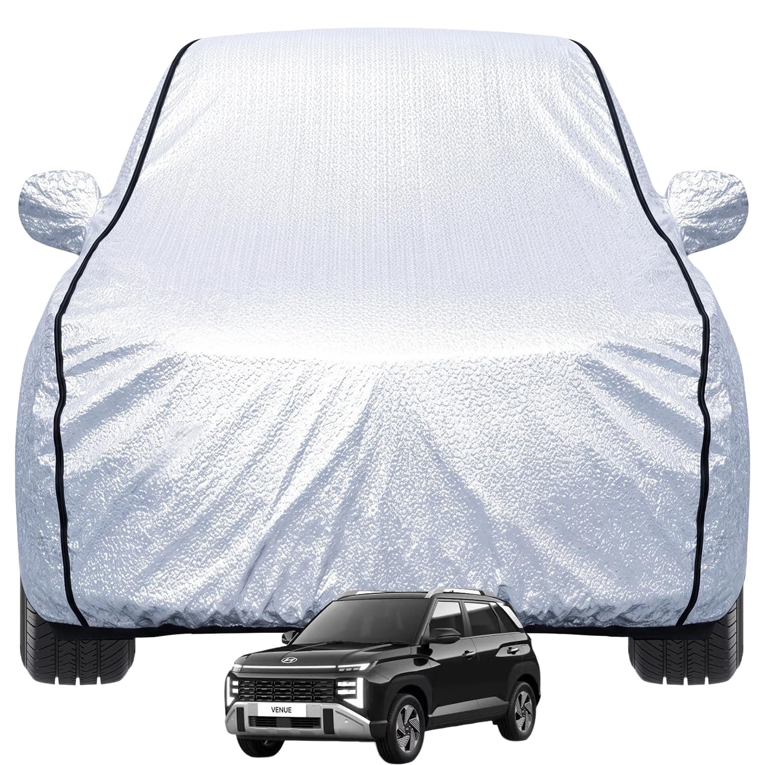 Pivalo Car Cover for Hyundai Venue All Model & Years (2019-2026) 100% Waterproof with Mirror Pockets, Triple Stitched Bottom Elastic Dustproof Full Body Protection (Heat & UV Resistant, Silver)