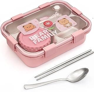 Kawaii Bear Family Bento Stainless Steel Lunch Box with 2 Chopsticks and 1 Spoon, 22 * 16 * 6 cm (Pink) 2408 3-Compartment