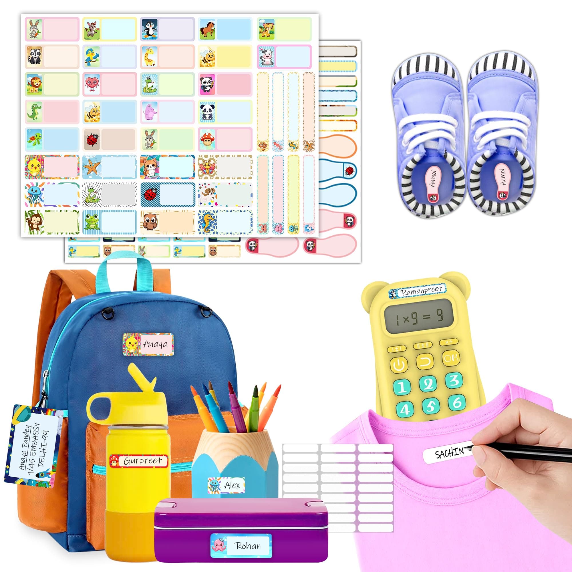 GLUN® Jambo Pack Name Stickers – 156 Pcs Self-Adhesive Vinyl Labels with Cute Animal Designs & 1 Marker, for Kids Bottles, Lunch, Clothes & Kitchen Use