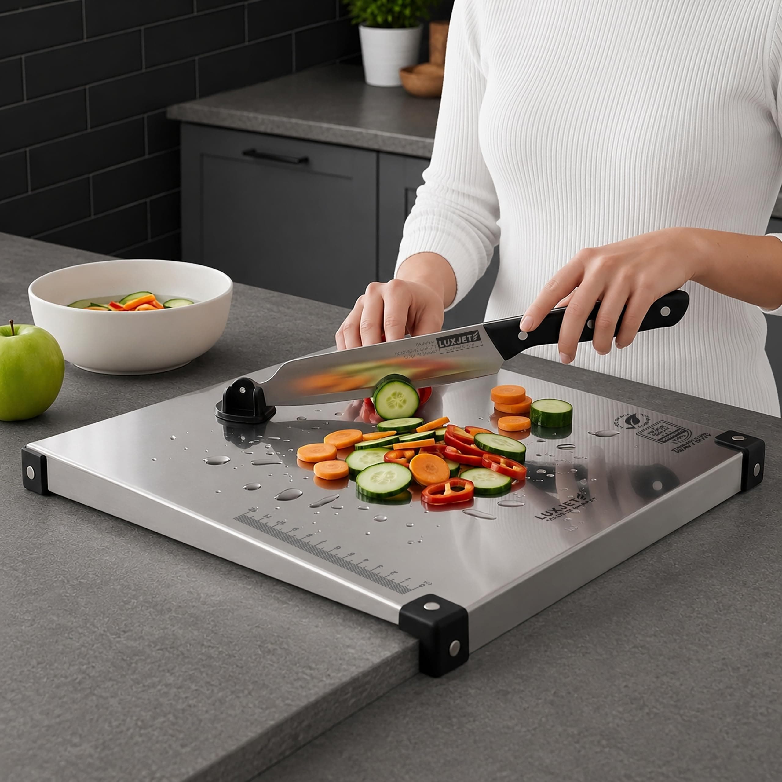 LUXJET Stainless Steel Cutting Board with Attached Chef Knife – Heavy Duty Countertop Chopping Board with Built-in Sharpener, Ruler & Non-Slip Edge Guard