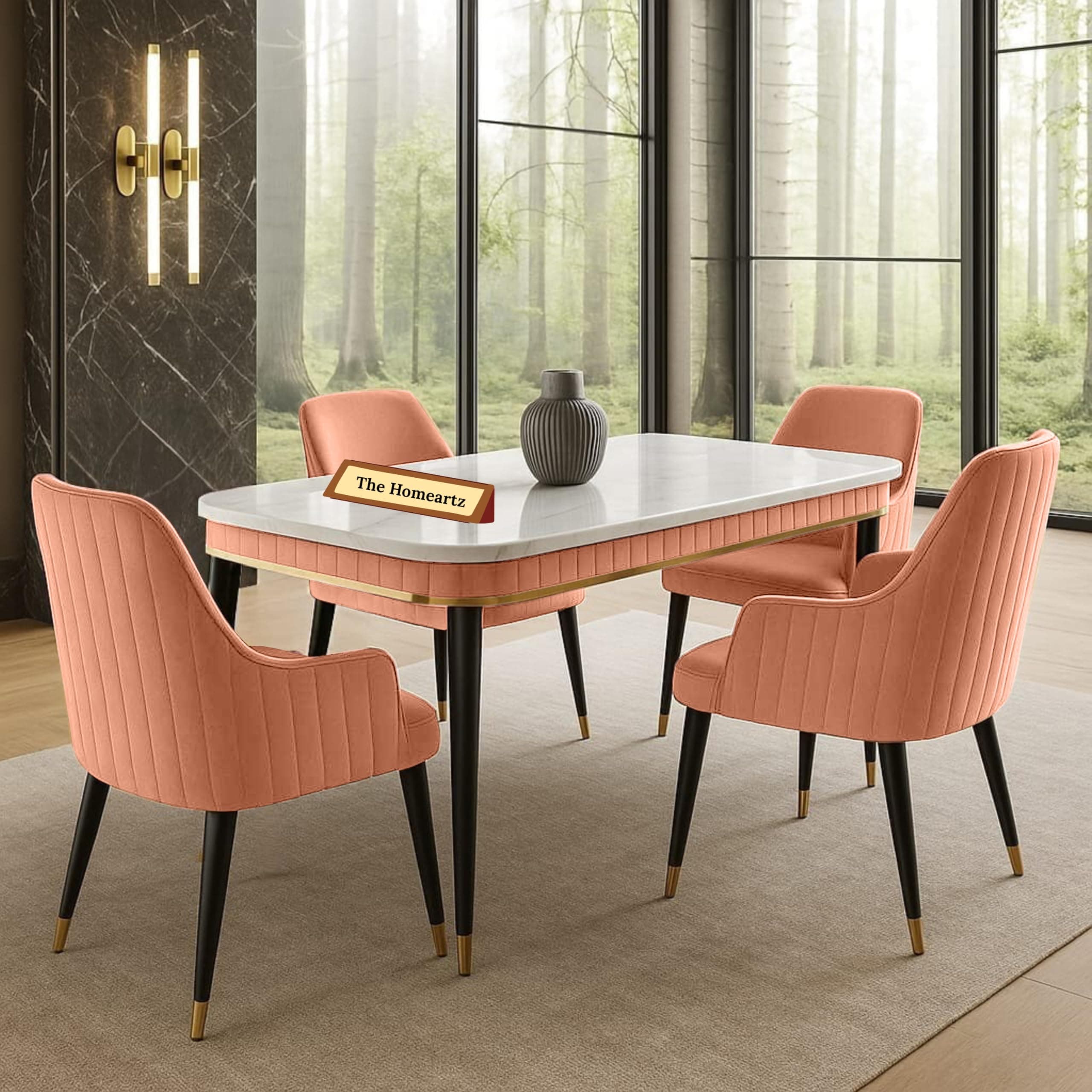 The Homeartz 4-Seater Modern Wooden Dining Table Set | Created Italian Statuario Marble Top | Elegant Composite Marble Table with 4 Chairs (Pink)