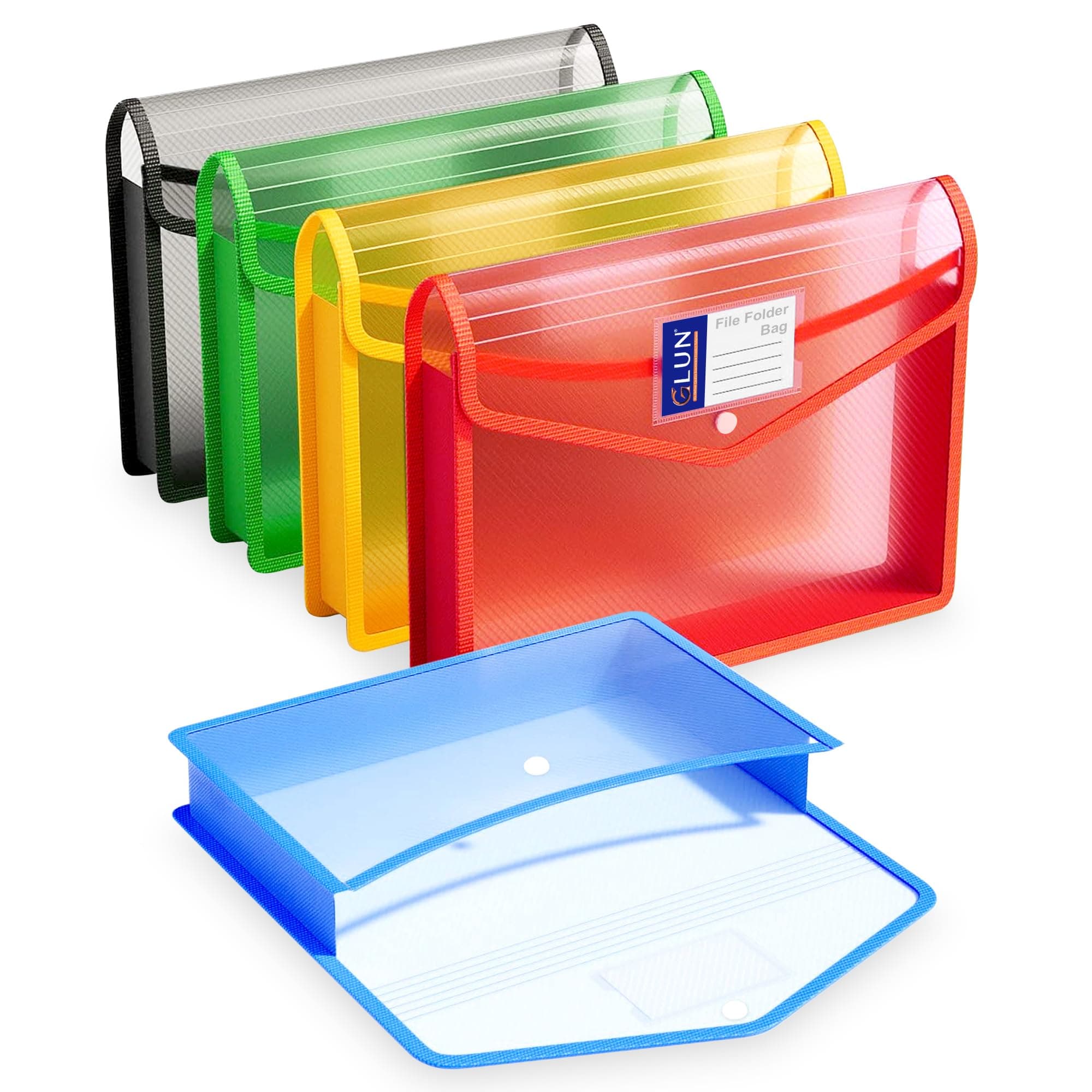 GLUN® Transparent Multi-Colour File Folder Set with Button Lock for A4 Size Documents (Pack of 5)
