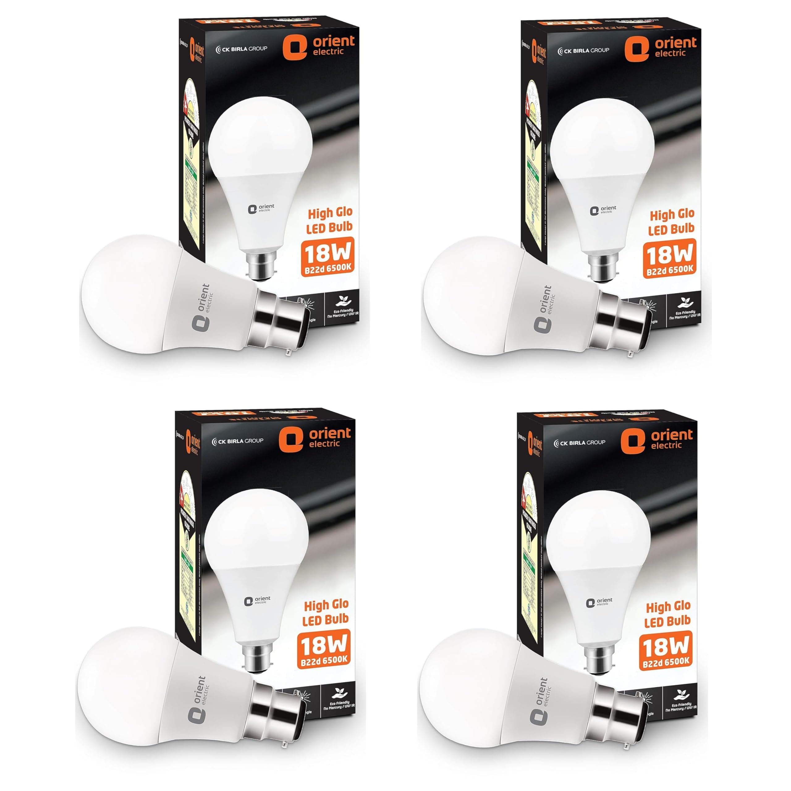 Orient Electric High Glo LED Bulb 18W, B22d cap, 6500K (Pack of 4)