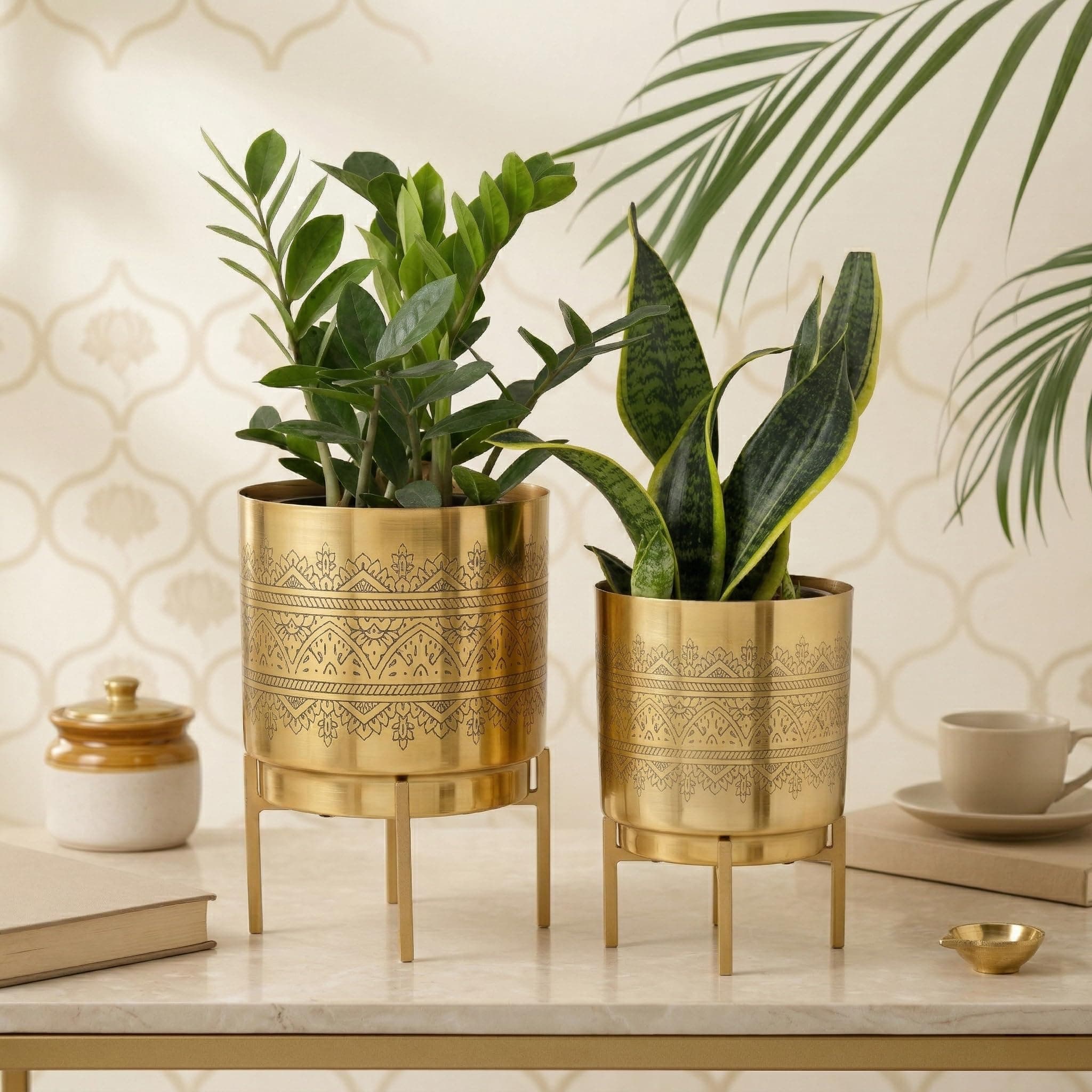HomeShastra® Raaga Gold Metal Planters with Stand | Pack of 2 | Big Planter - 10 Inch (Height) 7 inch (Diameter) | Small Planter - 8 Inch (Height) 6 inch (Diameter) Planters for Living Room
