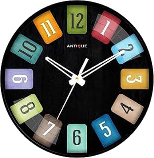 ANTIQUE Analog Plastic Round Shape Wall Clock with Glass (Black Frame, Mix color), 24 x 24 Cm