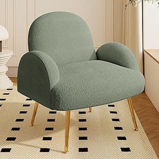 Dewhut Modern Sherpa Boucle Accent Chair, Upholstered Arm Vanity Chair with Metal Legs for Corner, Fluffy Reading Side Chairs for Living Room, Bedrooms, Home Office, Dorm, Reading Nook (Green)