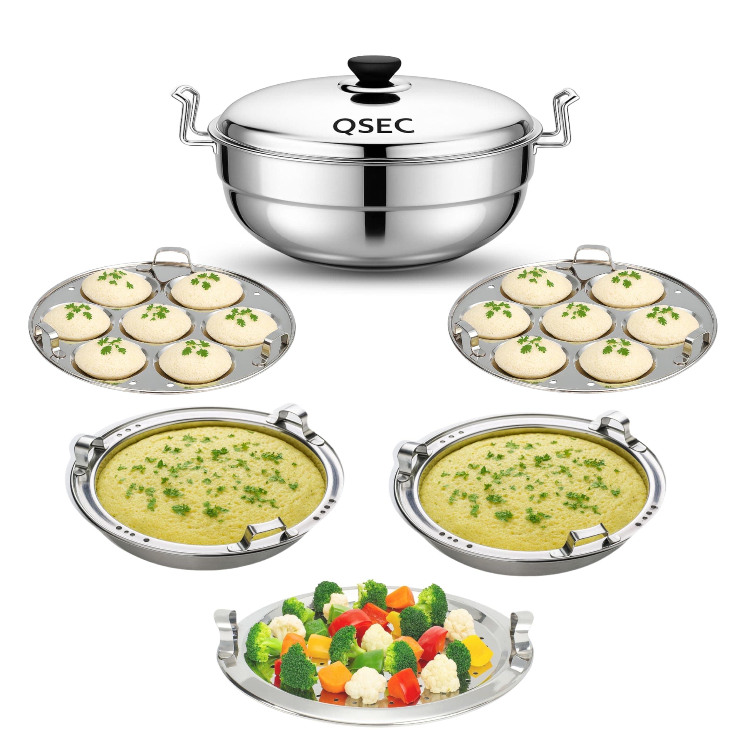 QSEC stainless steel Induction Bottom idli maker 28cm Multi Kadai idly Steamer dhokla cooker | 3 layer thick Base All-in-One Big Size with 5 Plate | 2 idli | 2 Dhokla | 1 Patra | Induction & Gas stove Compatible | Sandwich Bottom Multipurpose kadai