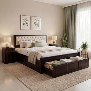 SONA ART & CRAFTS Zeus Sheesham Wood King Size Bed with Drawer Storage | Solid Wood Bed with Storage (78x72) | Wooden Bed King Size Cot Double Bed with Storage for Home (Walnut)