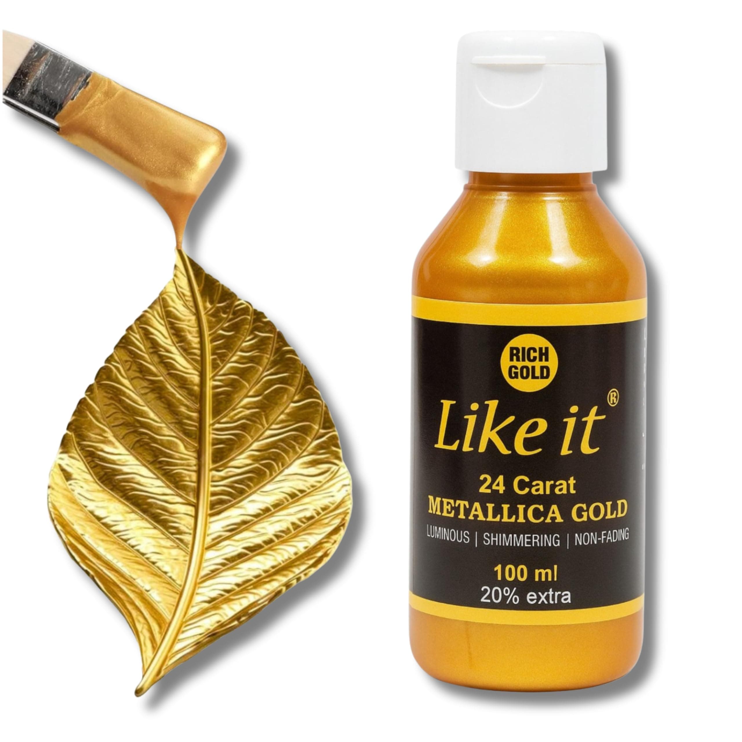 like it 24 Carat Metallic Gold Acrylic Paint 120ml | Luminous Non-Fading Finish for Fabric, Wood, Metal, Paper, Clay, Stone, Glass & More | Multi-Surface Craft Paint for Artists & Hobbyists