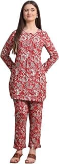 W for Woman Red Floral Printed Rayon Straight Short Kurti and Pants Co-ord Set