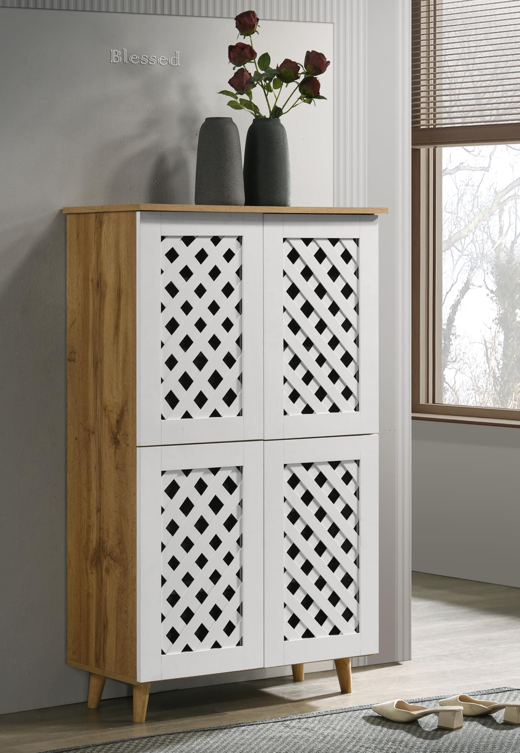 DeckUp Trove 4-Door Engineered Wood Shoe Rack (Wotan Oak & White, Matte Finish)