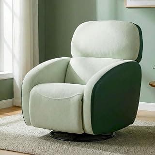 Pebble Motorized Recliner Chair | Rocking & Swivel Recliner | Seafoam Boucle Fabric & Dark Green Leatherette | Single Seater Recliner Sofa for Living Room | 18 Months Warranty
