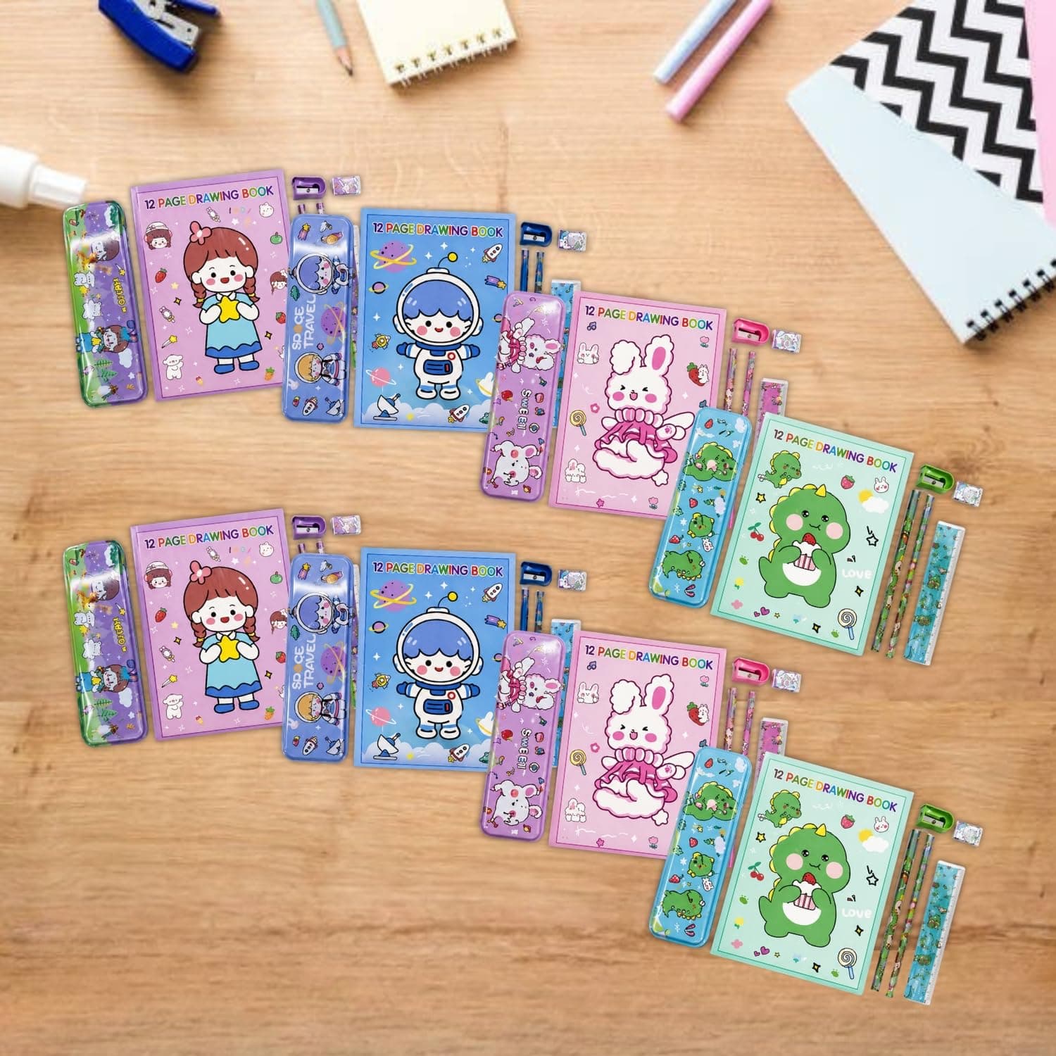 Toy Imagine Pack of 8 Stationery Kit Sets for Kids [8 Pouches + 8 Metal Compass Boxes + 8 Scales + 8 Erasers + 8 Sharpeners + 16 Pencils + 8 Drawing Books (12 Pages)] | Birthday Return Gift for Boys & Girls