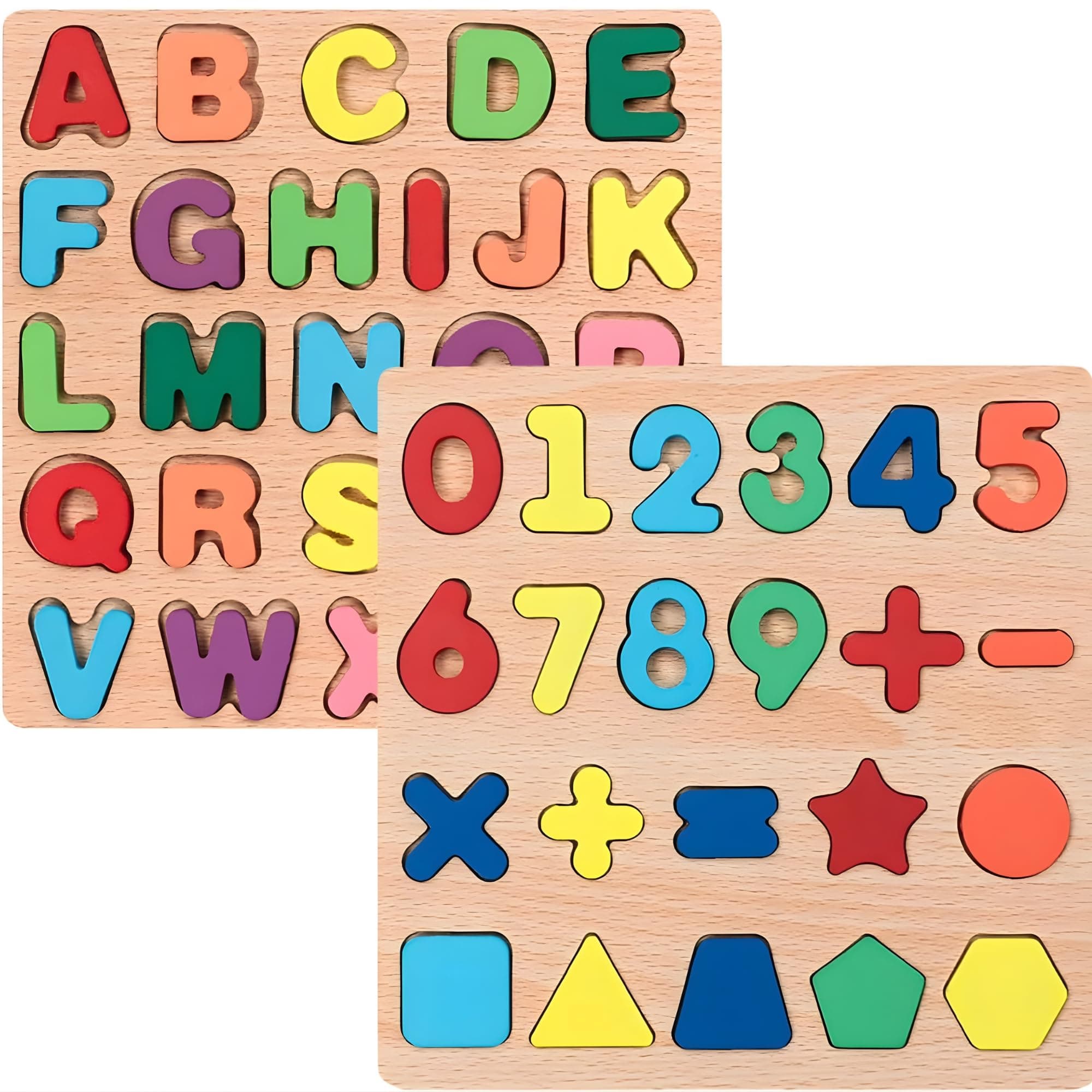 Fun4you Wooden Jigsaw Puzzle for Toddlers (Pack of 2) Alphabet & Shape Learning Educational Toys for Kids, Montessori Wooden Toys for 3+ Year Old Boys & Girls, Preschool Early Learning Activities