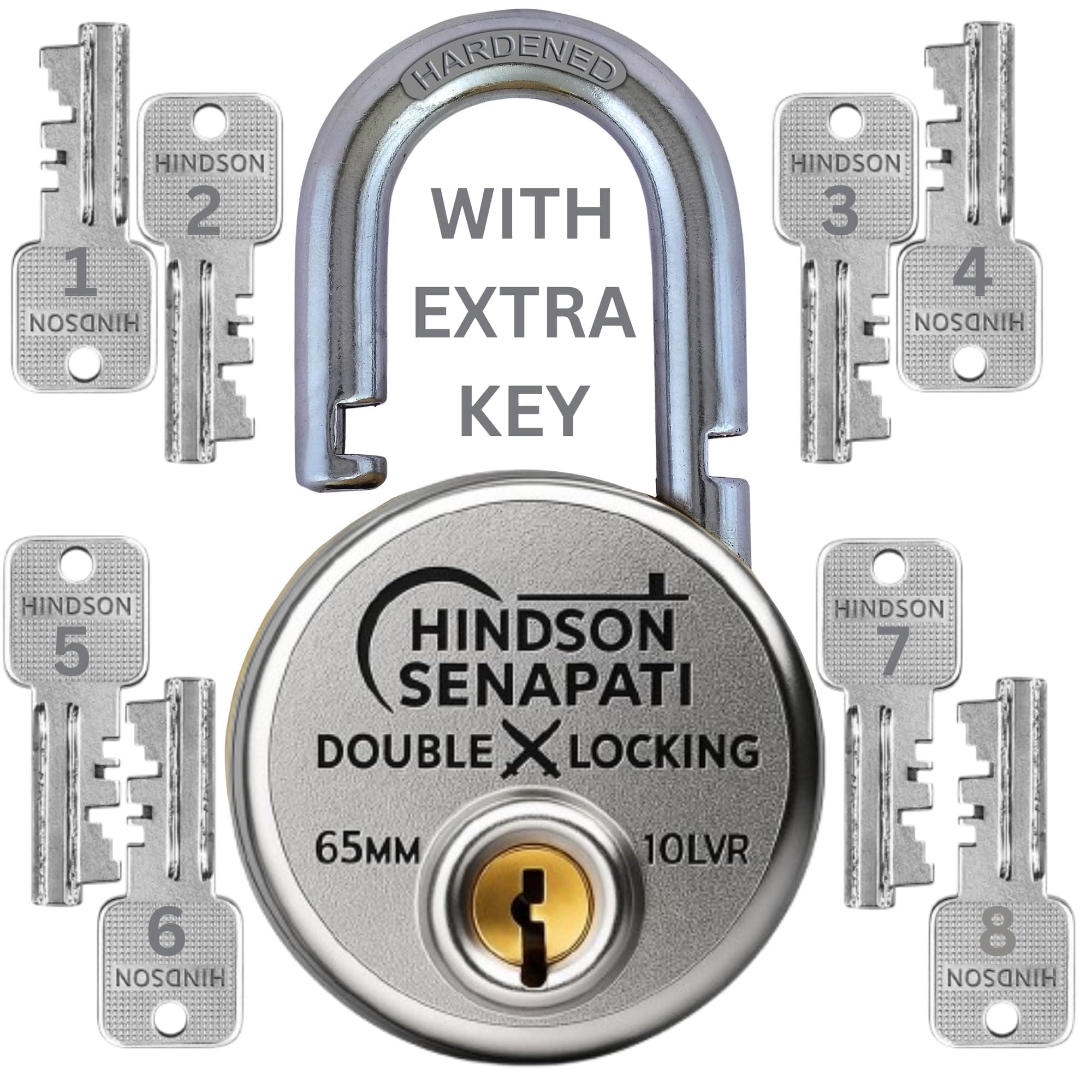HINDSON 8 Key SENAPATI 65mm Double Locking Padlock | Heavy Duty Lock and Key for Home, Door, Gate & Shutter Security | Hardened Shackle, High Safety Padlock.