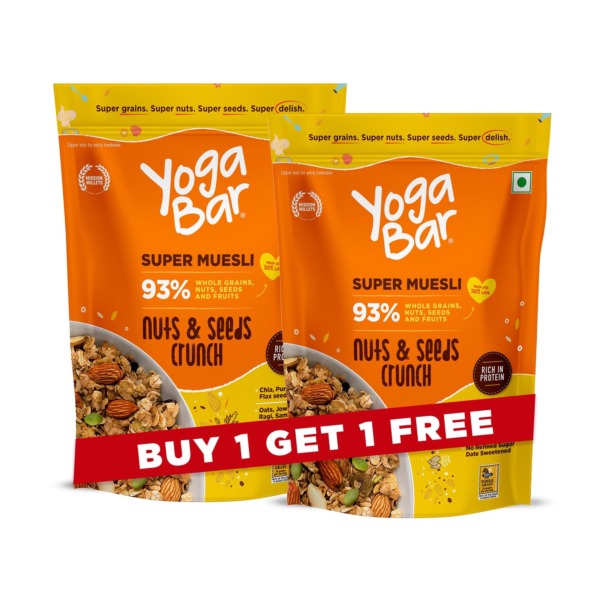Yogabar Muesli Nuts + Seeds Crunch 700g with Flax and Chia Seeds, Muesli Nuts Delight Whole Grain, High Protein, High Fibre, No Refined Sugar, Contains Antioxidants, 700g Pack of 2