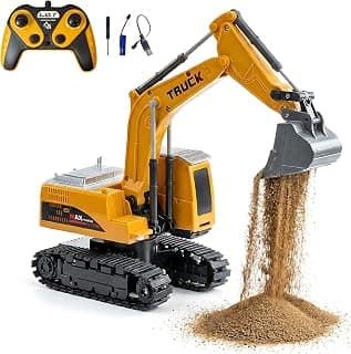 Remote Control Construction Vehicle Fang 6-Channel RC Excavator Toy for Kids with Alloy Arm, Rechargeable Engineering Car, Heavy Duty Machine Construction Toy with Lights & Music (Yellow)