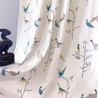 Tranquebar Curtain Co. Window Curtains 5 Feet, 60-65% Room Darkening, Multicolor (Blue, Yellow) Bird Print, Cotton Curtains for Window, BackTab Loops, Design Shiri (152 cm) - Set of 2
