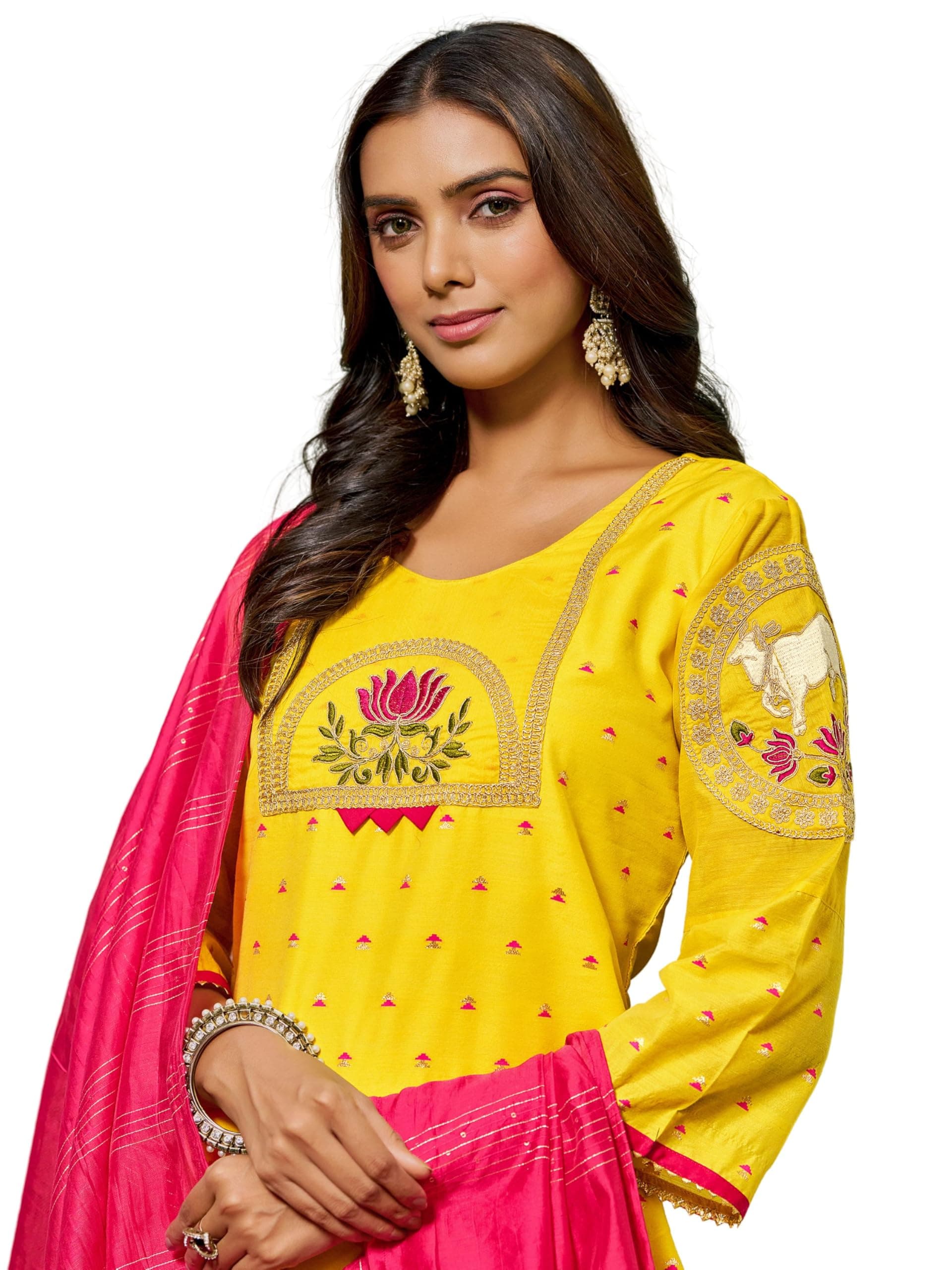 EthnicJunction Women's Chinon Embroidered Straight Front Slit Kurta Palazzo & Organza Dupatta Set | Wedding | Heavy | Outfit | Suit | Yellow