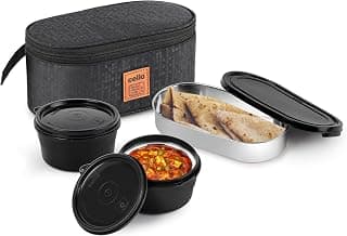 CELLO MF Micro Deck Lunch Box Set with Carry Bag, Black | Set of 2 x 375ml Microwave Safe Inner Steel Containers + 1 Steel Containers 500ml | Food Grade Air Tight Leak Proof Lunch Box Office College