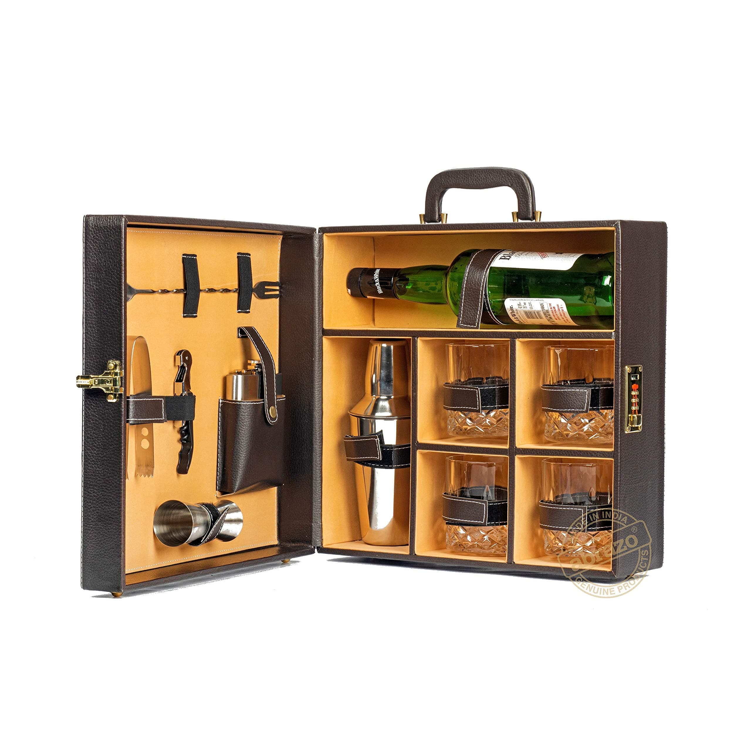 Abrazo Faux Leather Portable Bar Set | Portable Bar Set | Bar Tool Set | Bartender Kit | Brown 4 Glass | Cocktail Shaker | Barset for Picnic | Gifting | Gifting for Men