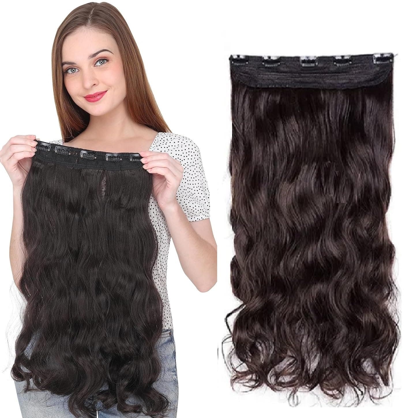 MoonEyes Curly wavy Hair Extension in Brown color 5 clip in 24 inch