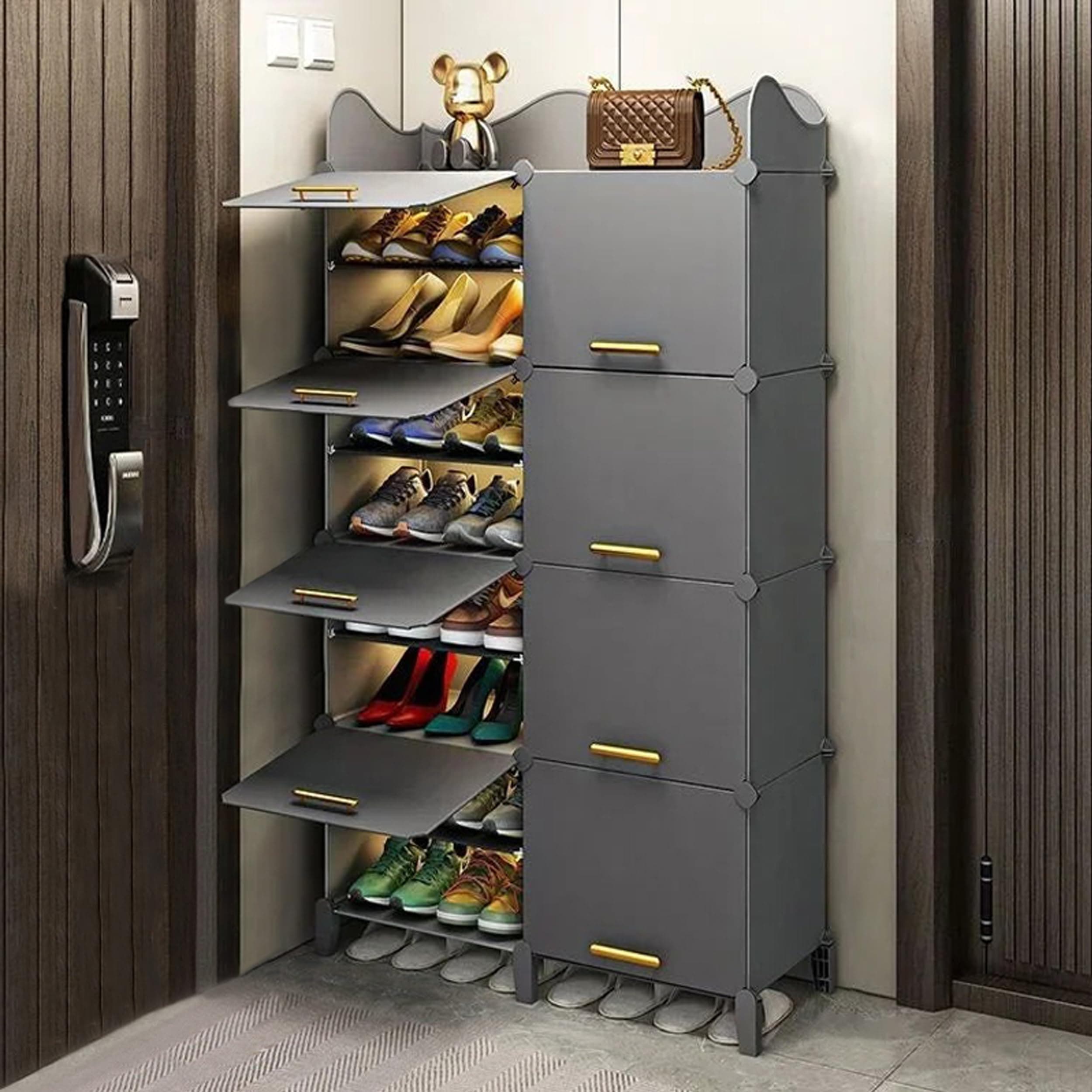 Zemic Multiuse Modular Plastic Shoe Rack for Home with Door | 𝟏𝟔 𝐒𝐡𝐞𝐥𝐟 Stackable Organizer | Waterproof & Dustproof | Space Saving Storage for Home, Bedroom & Entryway【Grey, 8-Door-16-Shelf】