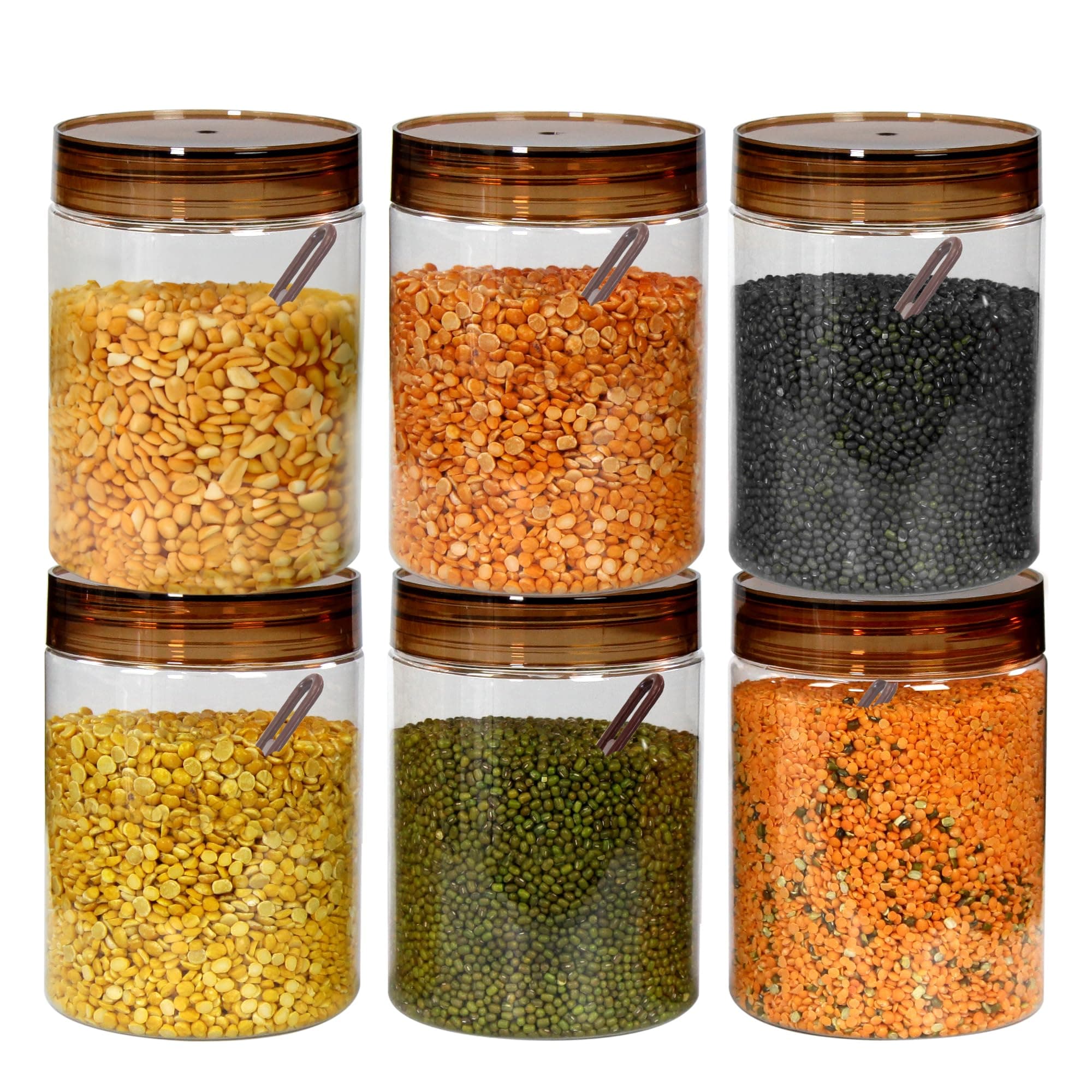 PEARLPET Plastic Containers for Kitchen Storage | Plastic Container Set with Spoon | BPA-Free, Stackable Jars | Brown,1000 ML (Set of 6)