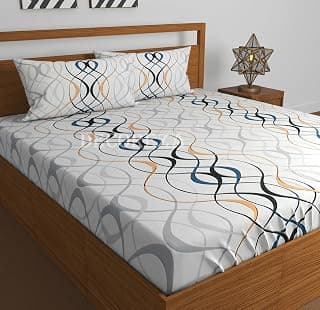 DECOREZA 240 TC Cotton Feel Glace Cotton Elastic Fitted Printed King Size Double Bed Bedsheet with 2 Pillow Covers and Fits Upto 8 inches Mattress, Size- 72"x78" (White Wave)