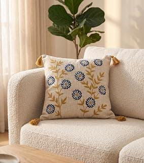 Hand-Embroidered Floral Cotton Cushion Cover with Tassels- 24x24 Inch, Decorative Boho Throw Pillow for Living Room Sofa, Bedroom, and Balcony (1, Blue-Daisy)