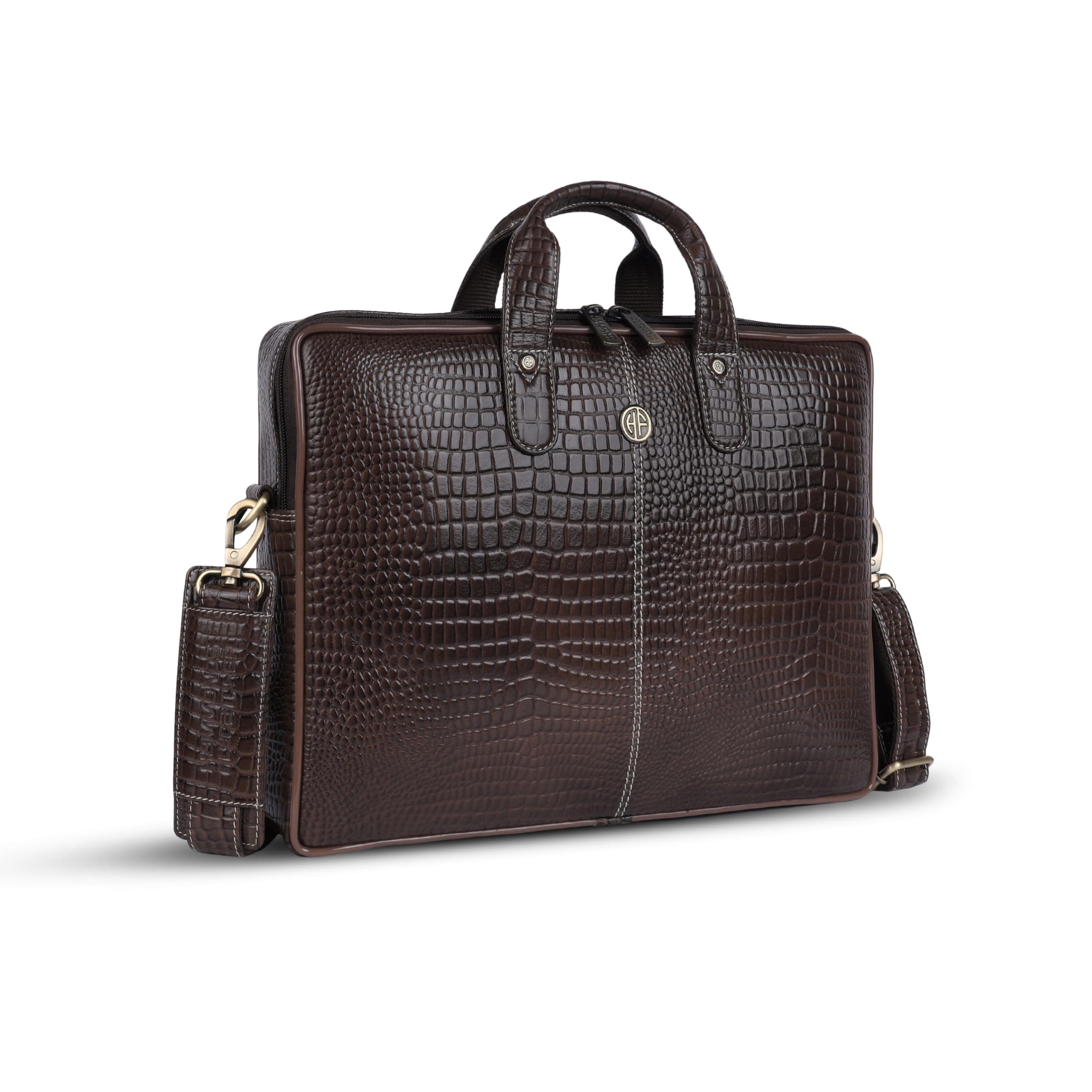 HAMMONDS FLYCATCHER Genuine Leather Office Bag for Men, 15.6 Inch Laptop Bag for Men, Adjustable Straps and Multiple Compartments, 1 Year Warranty - Croc Timber Brown