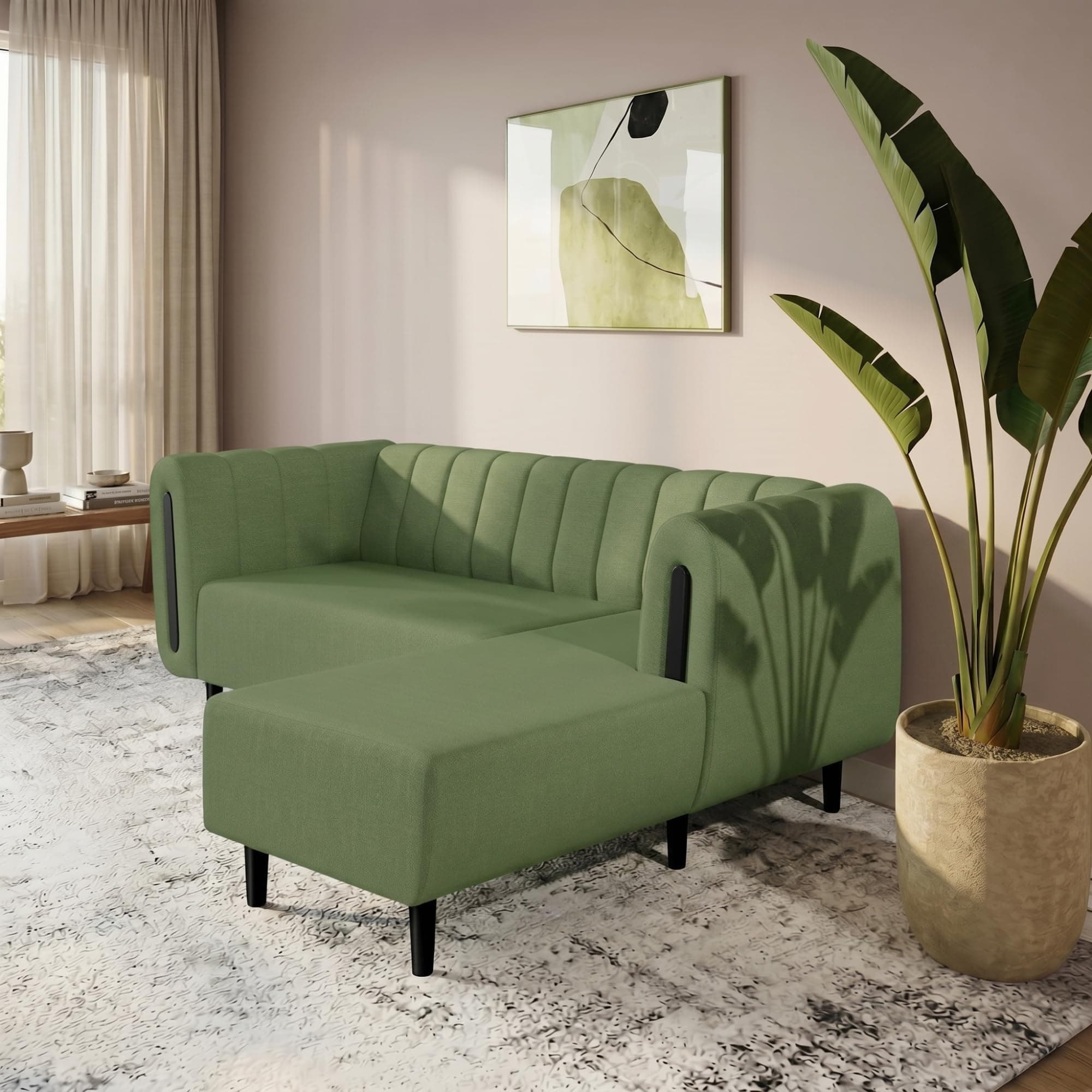 Interio by Godrej Paramount L-Shape 3 Seater Left Hand Side Fabric Sofa, 1-Year Warranty, Solid Wood, Green