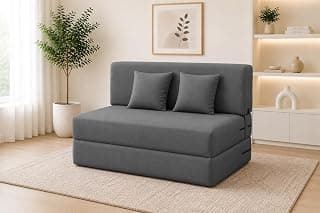 Los Angeles Foldable Two Seater Sofa Cum Bed, Sofa Bed 4 X 6 Ft, Jute Fabric Washable Cover Including Two Cushion Perfect for Living Room & Office Guest Room - Grey Color