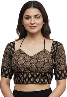 Shrisay Creation Women's Ready-to-Wear Pure Ajrakh Cotton Blouse – Sabyasachi Style Halter Neck | Handcrafted Ajrakh Print | Padded,S Sleeves, Back Hook Closure | Size 38 (Alterable 36–40)