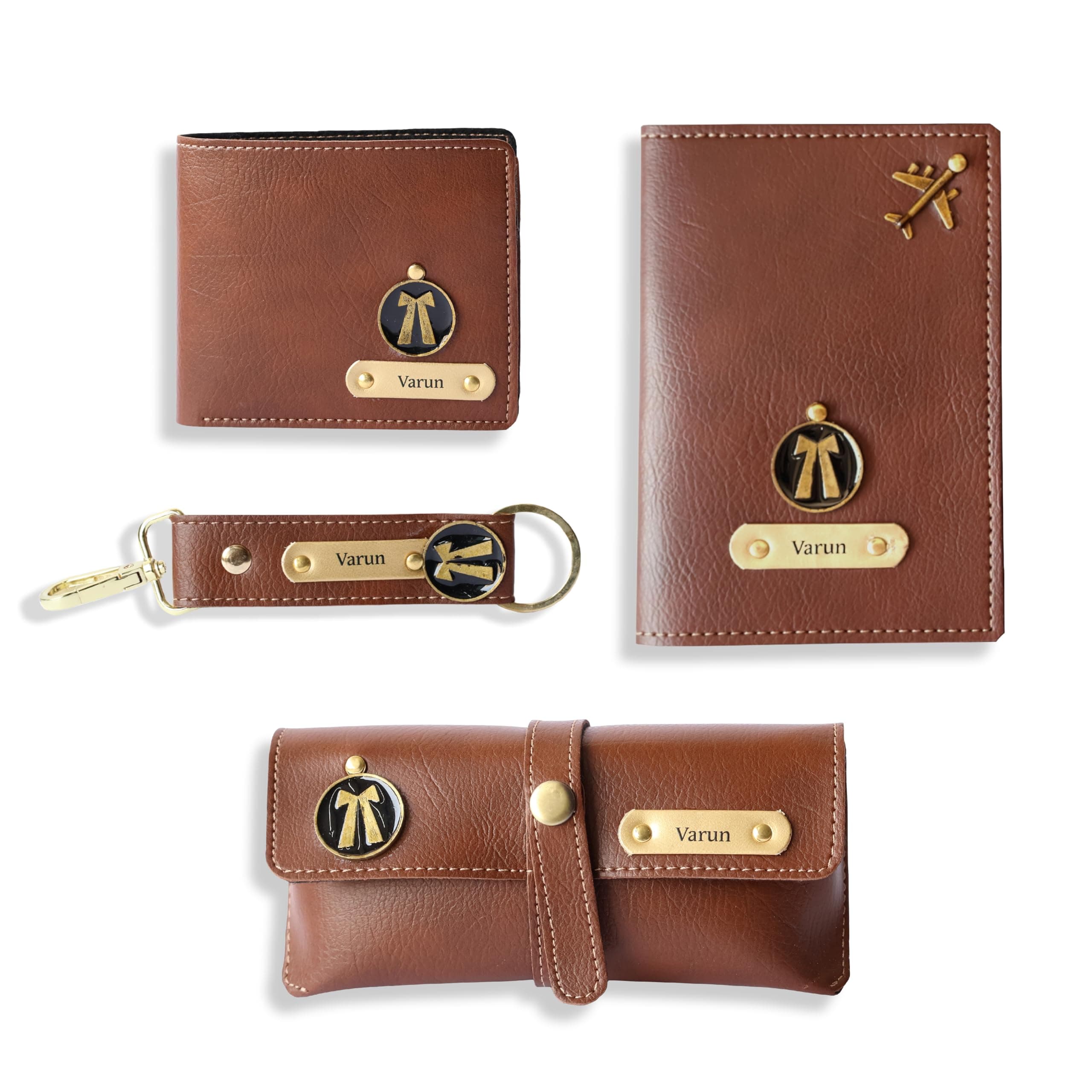 Personalised All in One Men's Combo Gift (4 pcs) Customized Leather Wallets, Key Chain, Eyewear Case and Passport Cover with Name | Best Gift for Brother, Husband, Boyfriend, Father (Tan)