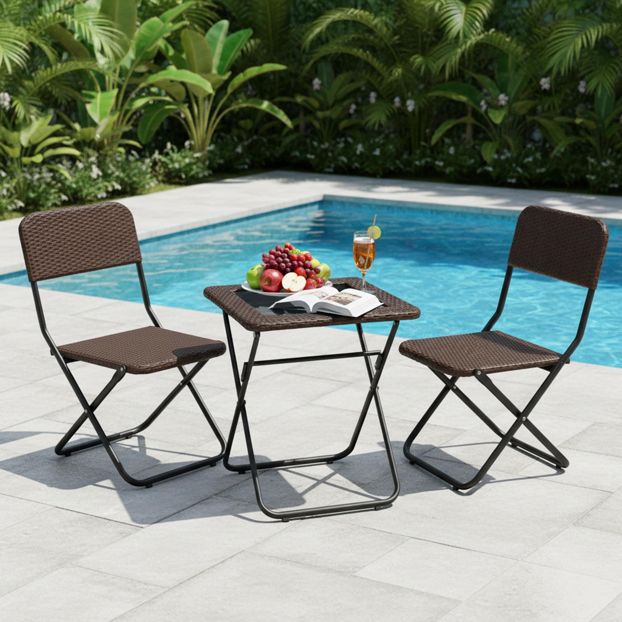 DEVOKO Foldable 3-Piece Outdoor Patio Wicker Furniture Set with Glass Top Table, All-Weather HDPE Rattan, Rustproof Metal Frame for Garden, Balcony & Lawn (Dark Brown)