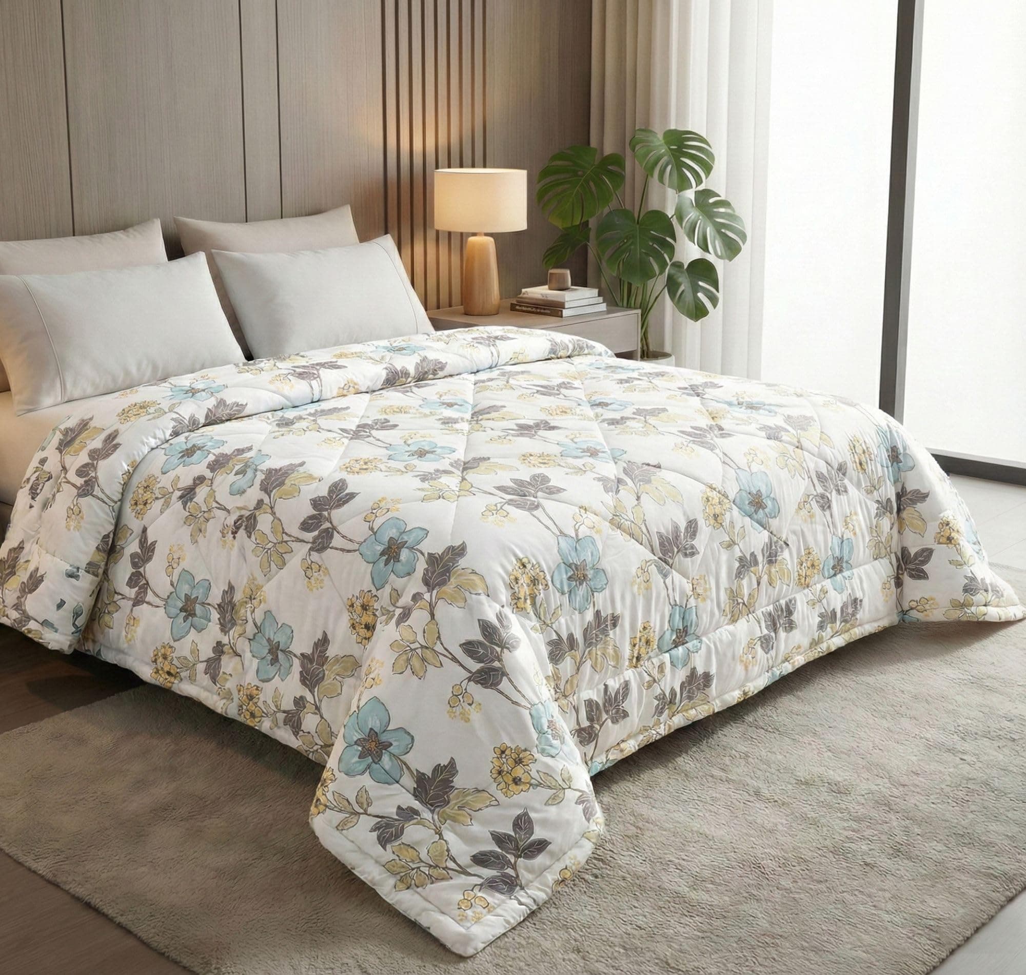 VAS COLLECTIONS 220 GSM Reversible Microfiber AC Comforter/Duvet | Floral Pattern, 3-Layer Quilted All-Season Blanket for Double Bed (250 x 225 cm) | 2 kg (Pearl Aqua White, Double)