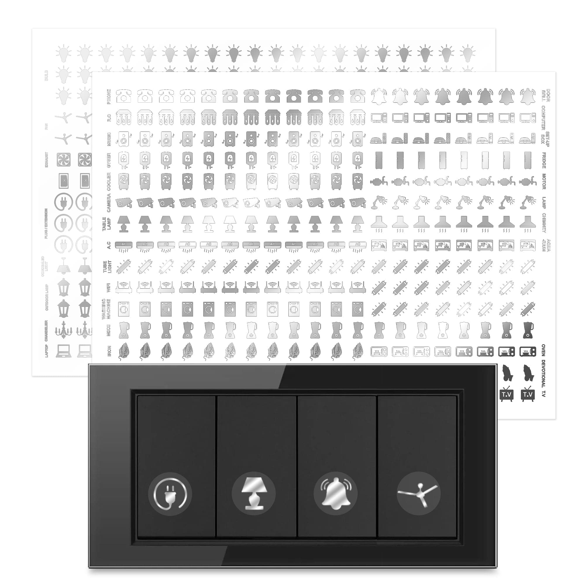 GLUN® Switch Label Sticker Set Silver Finish with 600 Pieces & 38 Icons, Easily Identify Electrical Switches for Appliances or Machinery, Fan, Light, Fridge & AC Switch Stickers