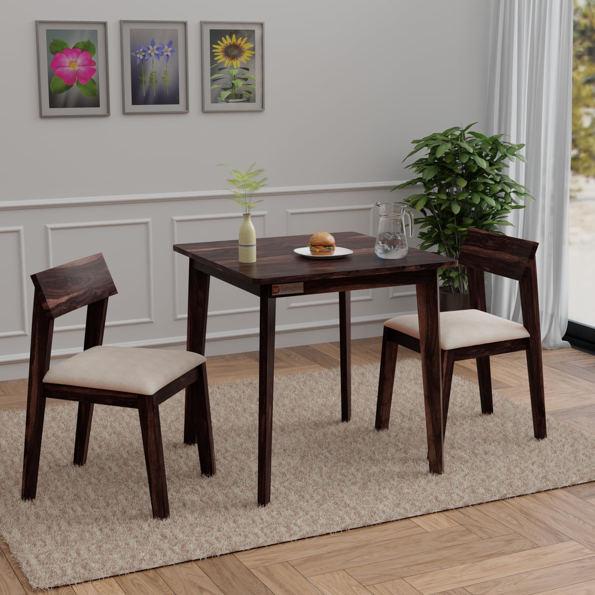 DRIFTINGWOOD Liana 2-Seater Sheesham Wood Dining Table Set � in Walnut Finish with Table & 2 Cushioned Chairs � Ideal for Small Kitchens & Compact Living Spaces � Assembly Required (Beige)