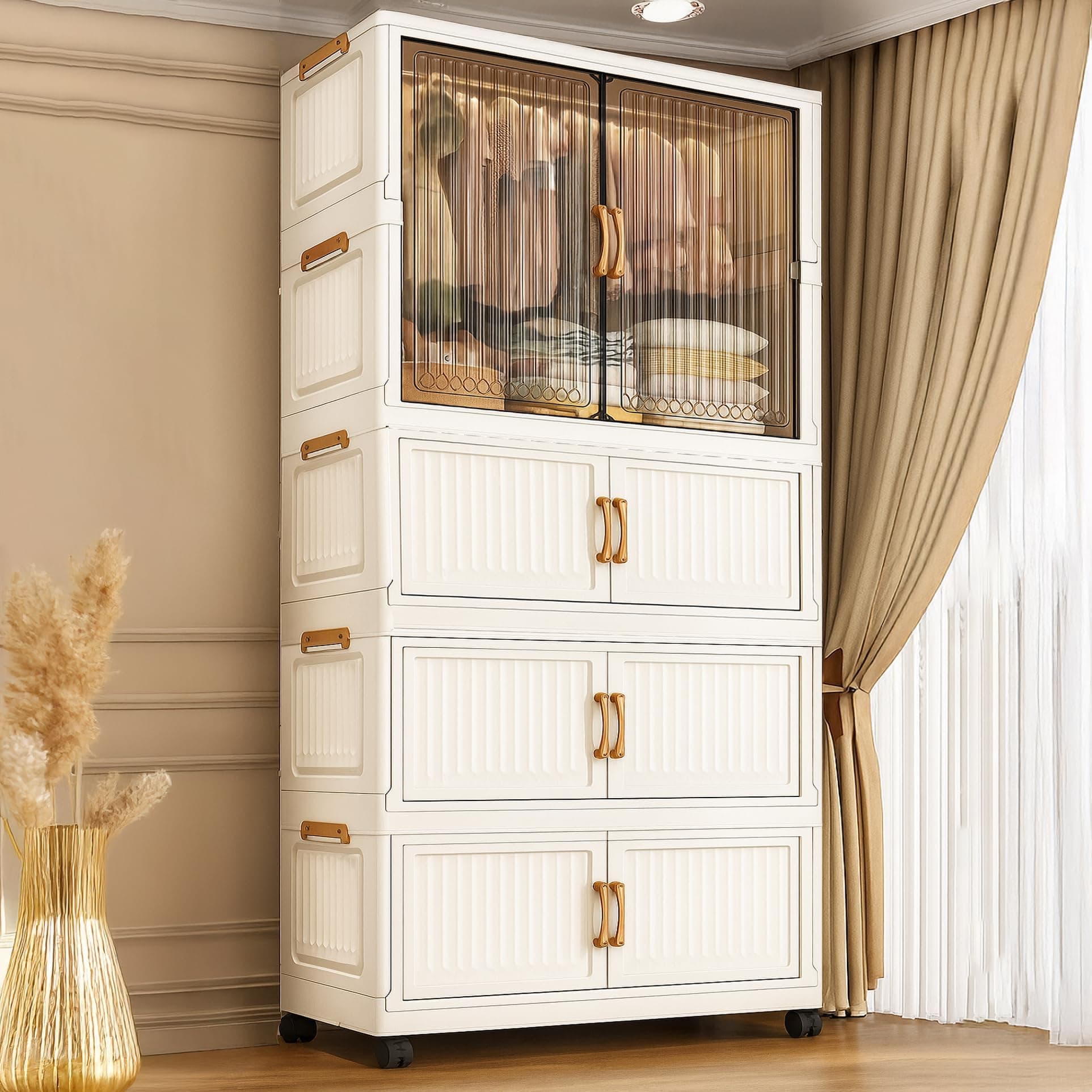 EXVITO Modular Plastic Wardrobe for Bedroom | 1 Tier+3 Bins Foldable Cupboard with Hanging Rod | Stackable Storage Almirah for Clothes with Wheels | Multi-Layer Plastic Storage Cabinet - Y713