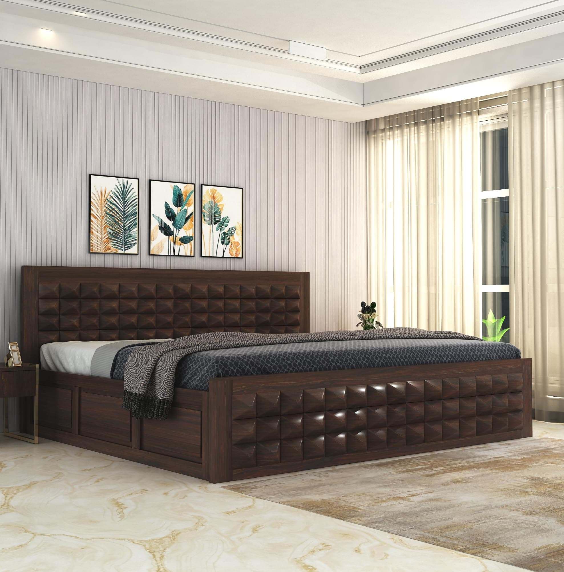 SONA ART & CRAFTS Diamond Sheesham Wood Queen Size Bed with Storage Box | Double Bed with Box | Solid Wooden Bed Queen Size Cot for Home - Walnut Finish (Assembly Included)