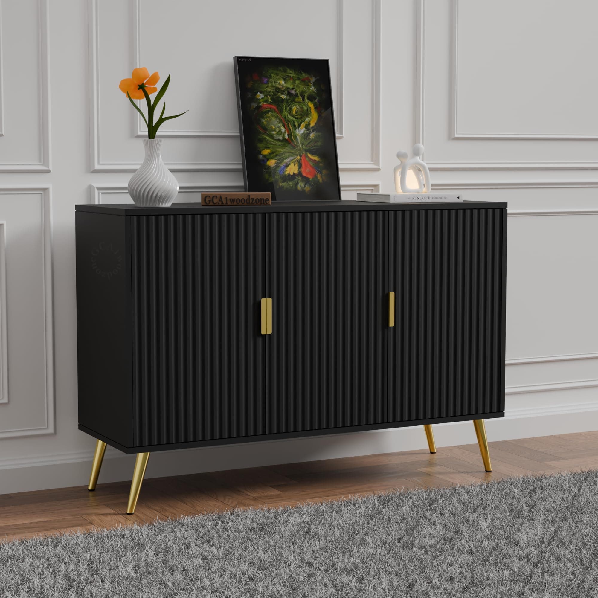 GCA1 WOODZONE Wooden Sideboard Cabinet 3 Door for Living Room | Crockery Cabinet for Dining Room | Storage Cabinet with Doors | Wooden Console Cupboard Home | HDMR Wood with Metal Legs | Black & Gold