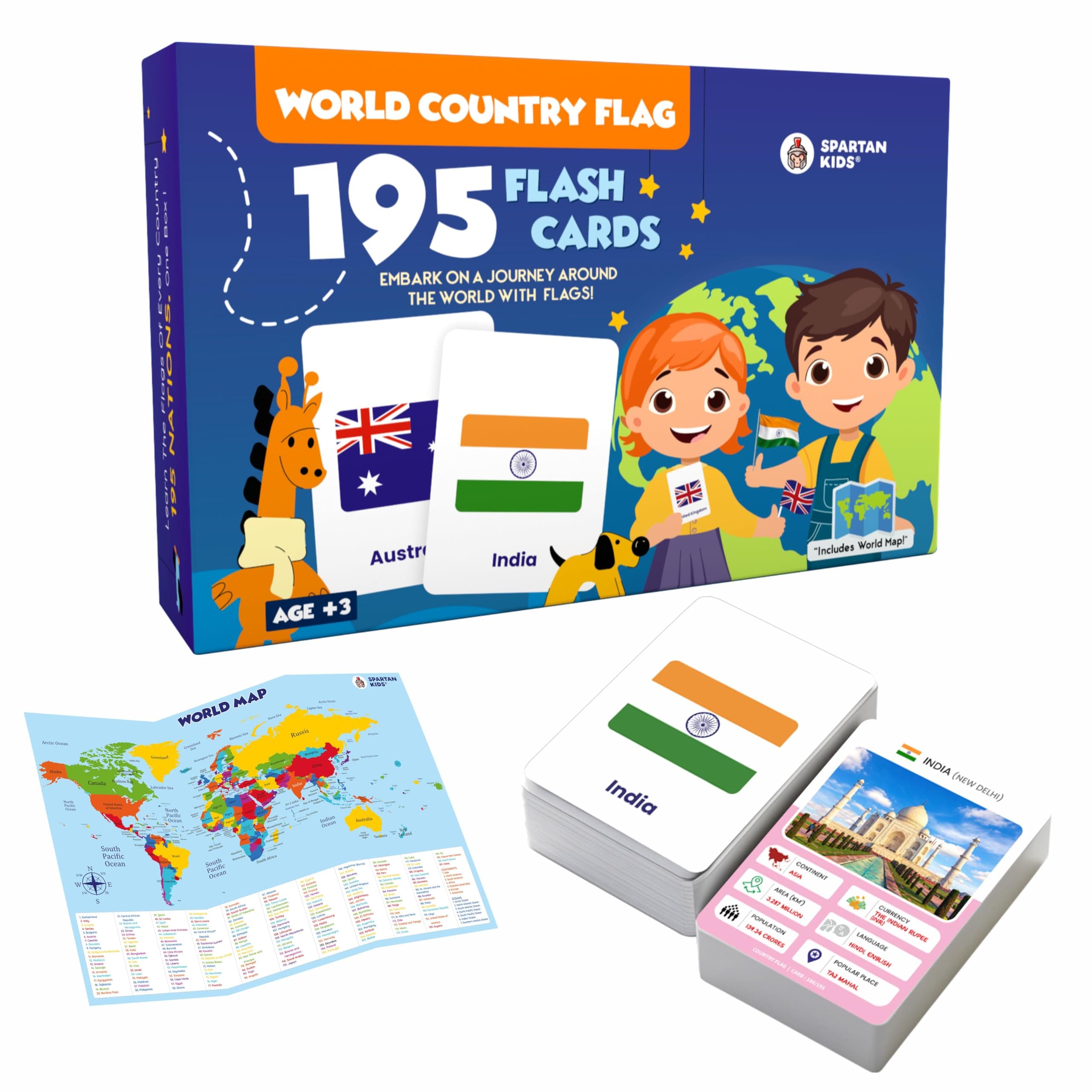 SPARTAN KIDS Premium 195 Country Flag Flash Cards - World Flags Learning Set for Kids | Geography & Culture Study | Double-Sided, Perfect for Small Hands | Includes World Map & Quiz Worksheet