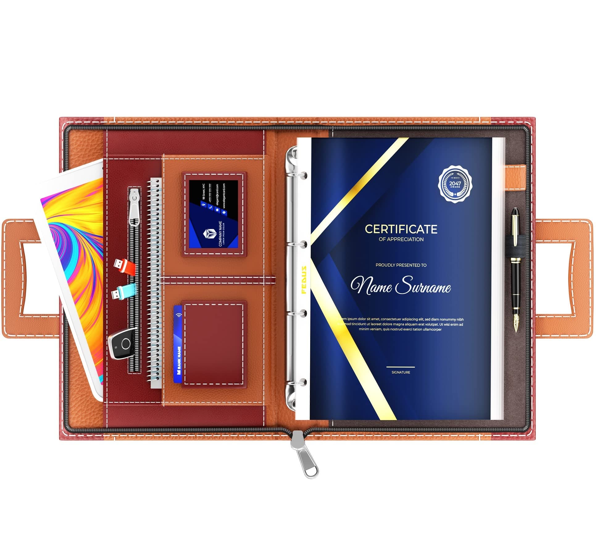 FEDUS Files for Documents 20 Leafs Foolscap Size (Bigger Than A4 Size) 4 Ring File with Hidden Handle Multipurpose Leatherette Portfolio Professional Executive Document File Folder for certificates