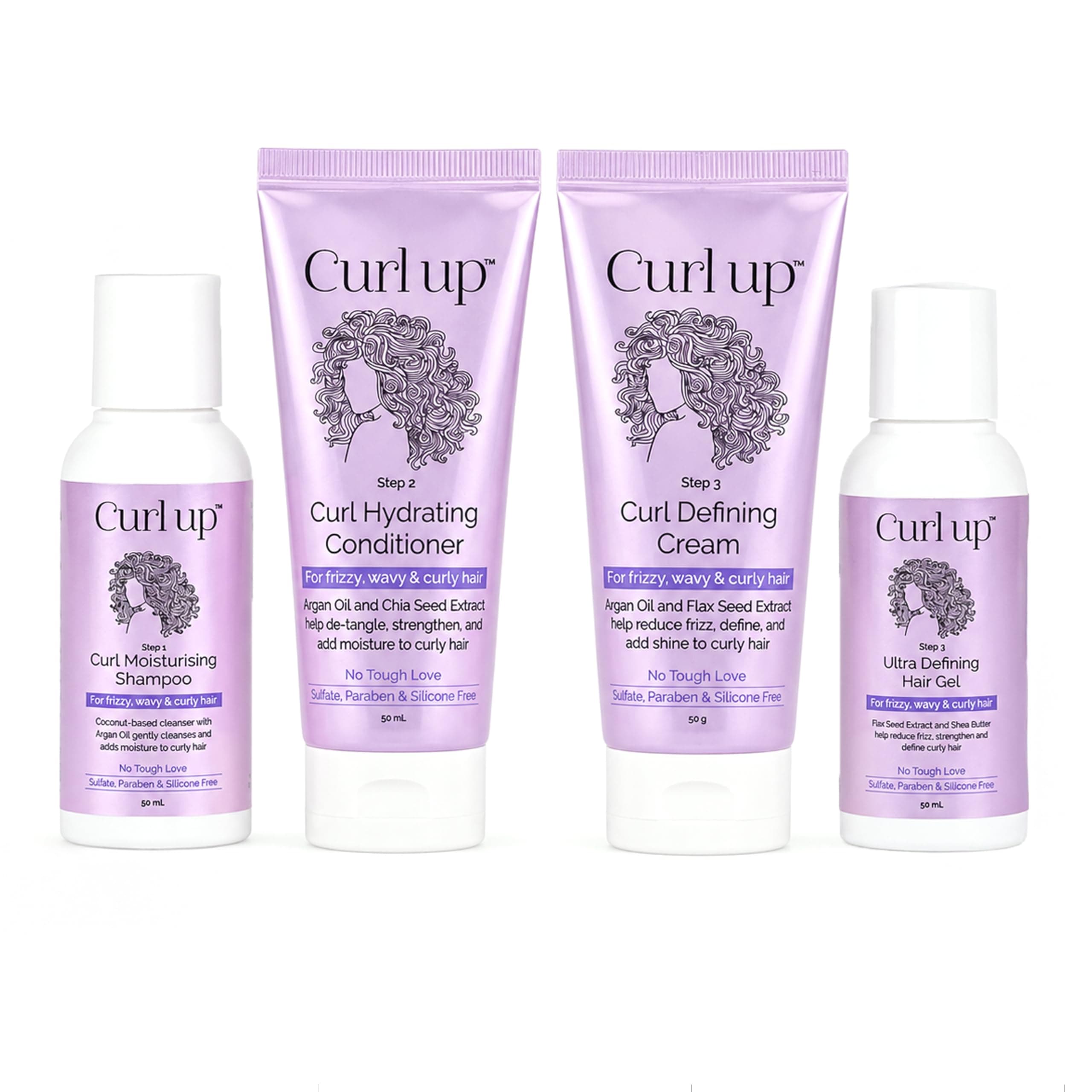 Curl Up Ultra Defining Bundle with Curly Hair Shampoo , Conditioner , Leave in Curl Cream & Hair Gel | For Dry Frizzy ,Wavy & Curly Hair | Sulphate Paraben & Silicone Free | Travel Size - Combo of 4