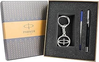 Parker Vector Standard Chrome Trim Roller Ball Pen and Silver Key Chain, Black Body, Blue Ink, Medium Point – Gift Set for Professionals, Executives, and Students